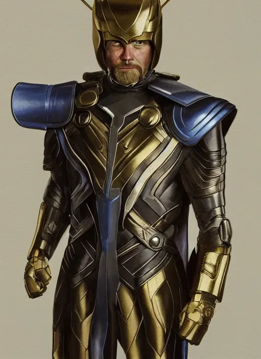 Image similar to Gavin Mcinnes in a battle suit, starring in Thor Ragnarok film, gold suit, sigma male, accurately portrayed, portrait art by alphonse mucha and greg rutkowski, highly detailed, digital painting, concept art, illustration, dim lighting with twilight rays of sunlight, trending on artstation, very detailed, smooth, sharp focus, octane render, close up