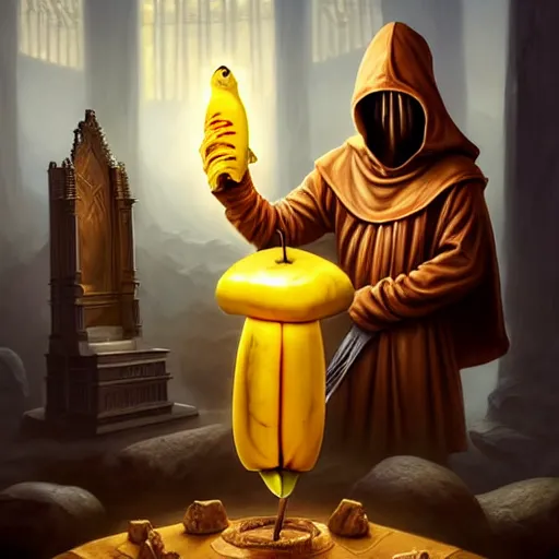 Image similar to a hooded cultist is stabbing a banana placed on an altar, in front of a stone statue of a forgotten god, by patrick mcenvoy and michael komarck and fantasy flight, incredible quality, trending on artstation