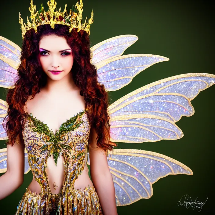 Image similar to photo of a very beautiful!! fairy queen with ornate sparkling robes, highly detailed, 4 k, hdr, smooth, sharp focus, high resolution, award - winning photo