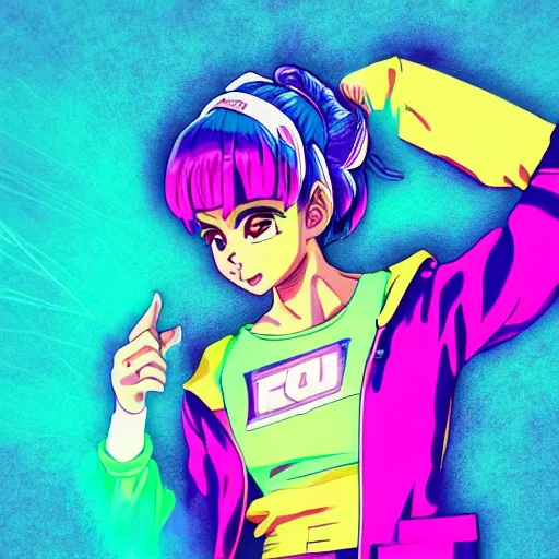 Image similar to bulma in hoodie, portrait, vaporwave, synthwave, neon, vector graphics, cinematic, volumetric lighting, f 8 aperture, cinematic eastman 5 3 8 4 film, photorealistic