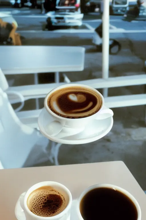 Image similar to a cup of coffee sitting on top of a white table diner booth, high angle, a hyperrealistic photo by IAN SPRIGGS, flickr, conceptual art, photo taken with ektachrome, photo taken with provia, kodak portrait