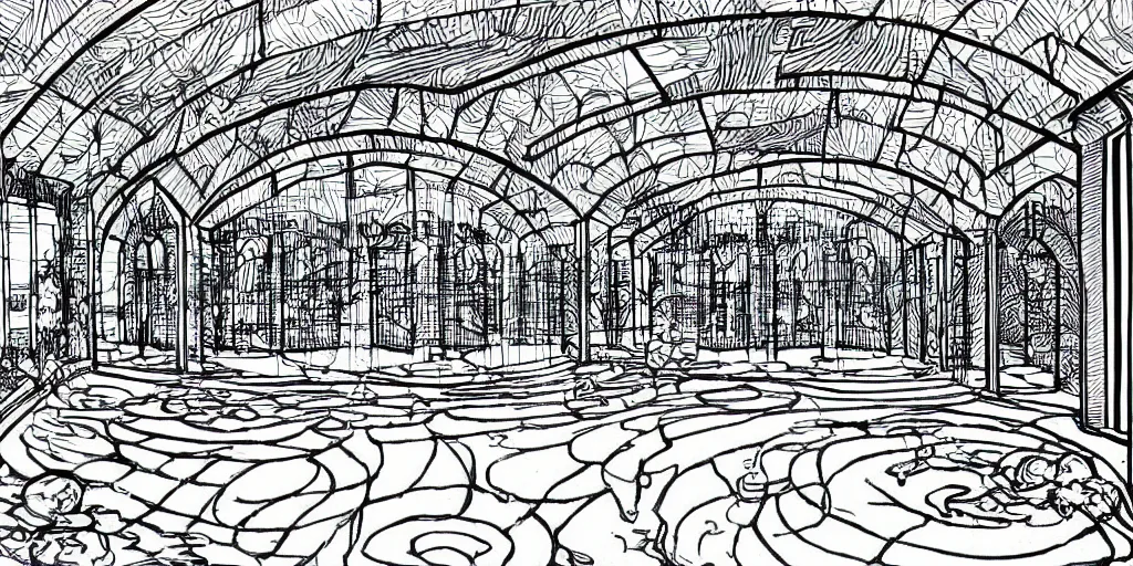 Image similar to lineart black and white indoor swimming pool with large blue archways, giant windows overlooking a garden, drawn with micron pen in the style of popular manga