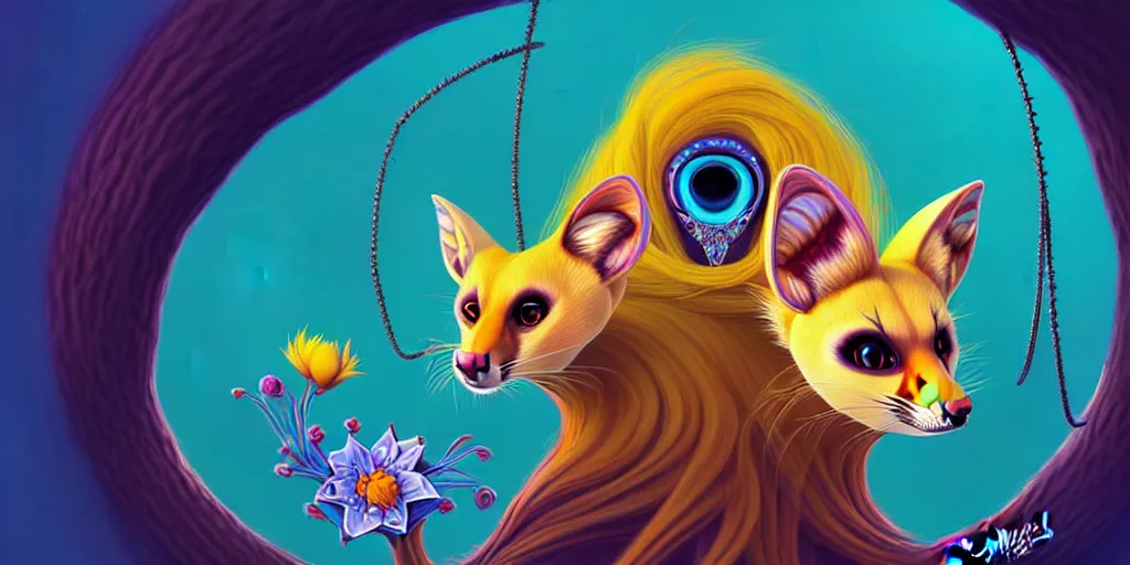 Image similar to curved perspective, extreme narrow, extreme fisheye, digital art of an hallucinogenic female embalmed marten animal wearing jewlery with blonde hairstyle with blue flower in hair by anton fadeev from nightmare before christmas