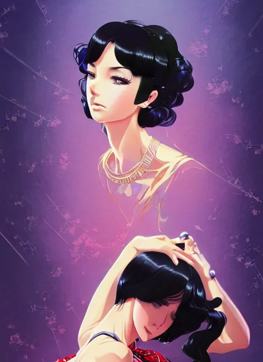 Image similar to a beautiful girl with black hair in 1970's fashion, ballroom background, intricate, highly detailed, digital painting, artstation, official media, anime key visual, concept art, rich vivid colors, ambient lighting, sharp focus, illustration, art by Artgerm, Makoto Shinkai, Ilya Kuvshinov, Lois Van Baarle, and Rossdraws