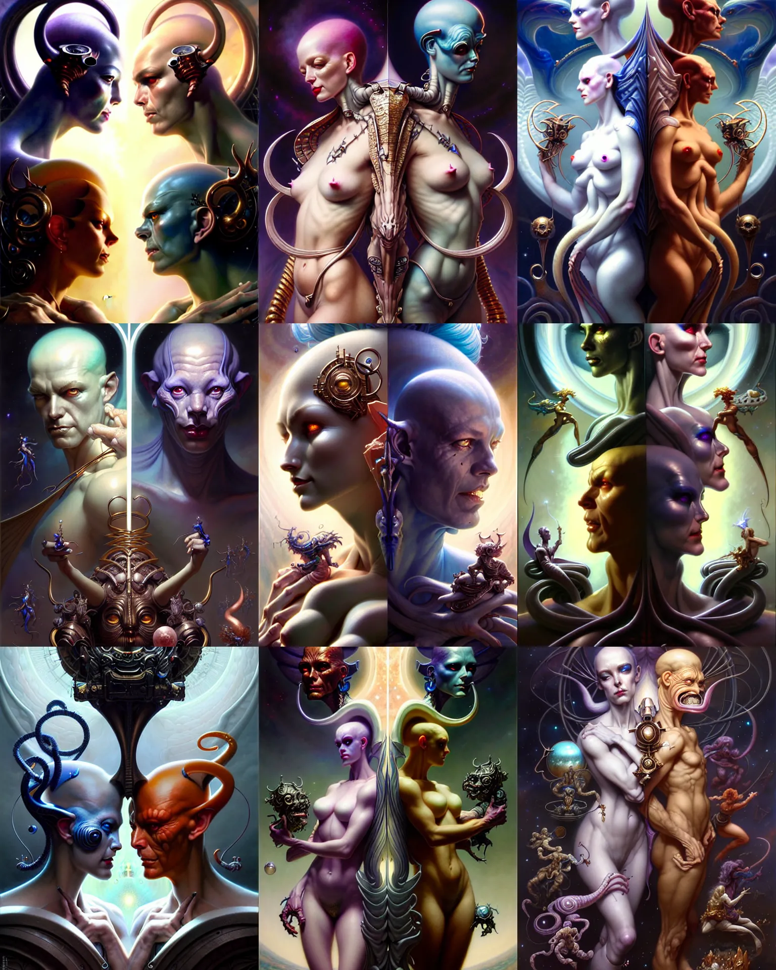 Image similar to beautiful gemini good and evil, happy and sad faces, fantasy character portrait, ultra realistic, wide angle, intricate details, the fifth element artifacts, highly detailed by peter mohrbacher, boris vallejo, hajime sorayama, wayne barlowe, aaron horkey, gaston bussiere, craig mullins