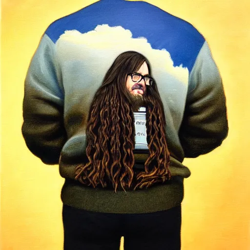 Image similar to An Oil Painting of the back view of Rivers Cuomo in a sweater with long hair and a mustache masterfully playing the piano, hyperrealistic, extremely realistic, highly realistic, HD Quality, 4k resolution, 8k resolution, Detailed, Very Detailed, Highly Detailed, Extremely Detailed, Intricate Details, Real, Very Real, Oil Painting, Digital Painting, Painting, Trending on Deviantart, Trending on Artstation