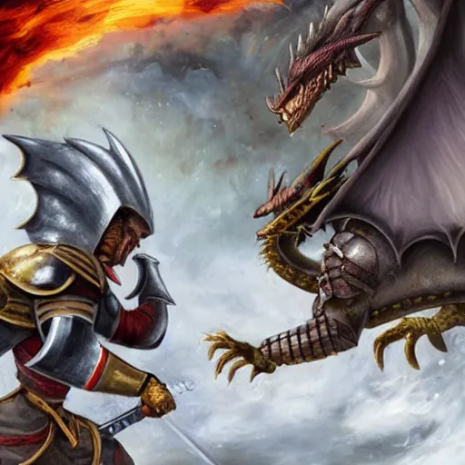 Image similar to an epic battle between a knight and a dragon