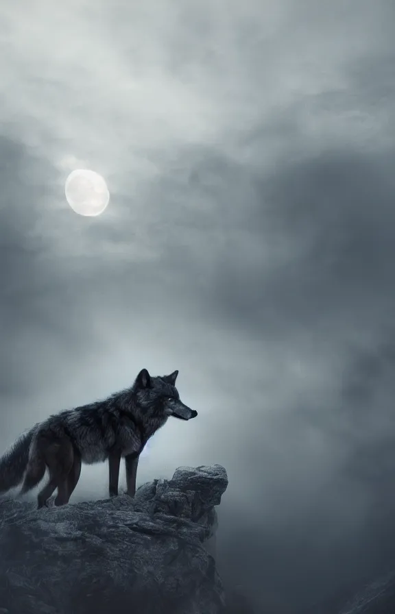 Image similar to a photograph of a wolf at full moon in a mountainous environment, full moon with fog and clouds, concept art, epic lighting, cinematographic