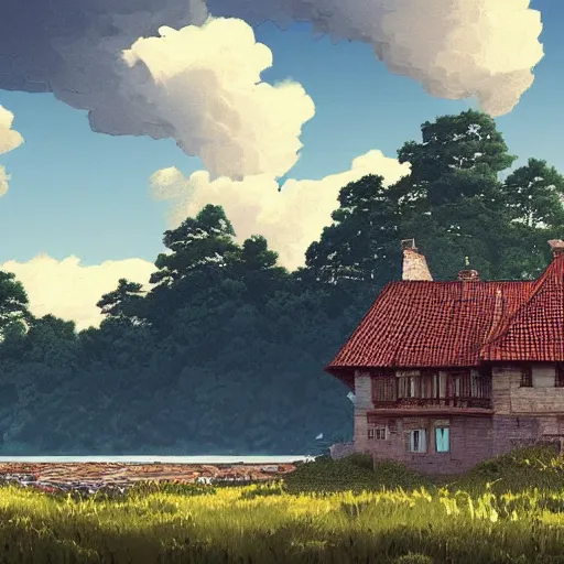 Prompt: a amazing landscape illustration of a massive old house by a lake surrounded by rolling hills, blue sky with clouds by tom haugomat, serena malyon, makoto shinkai, dan mumford, maxim shirkov, alex pogrebniak and robin gundersen, trending on artstation, featured on behance, vector art, dynamic lights, octane render.