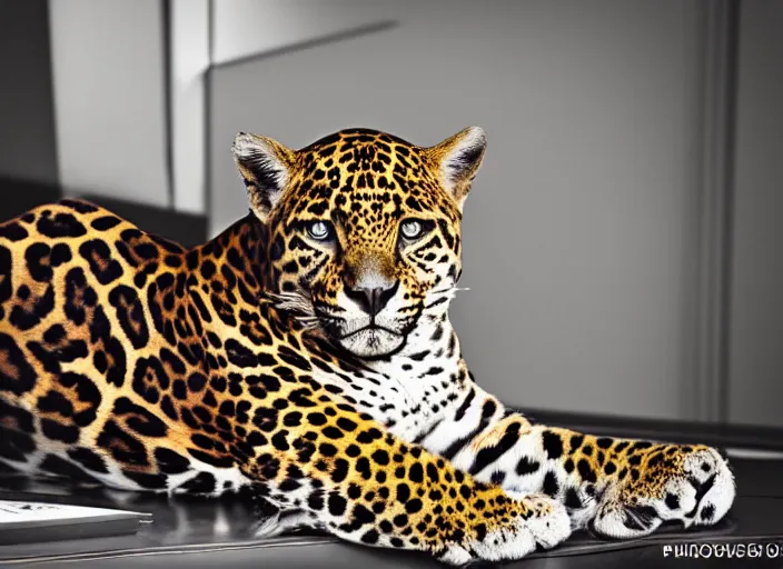 Image similar to photography of a Jaguar Cat . watching outside the window. on a bed. in a 70's room full of vinyls and posters, photorealistic, award winning photo, 100mm, sharp, high res