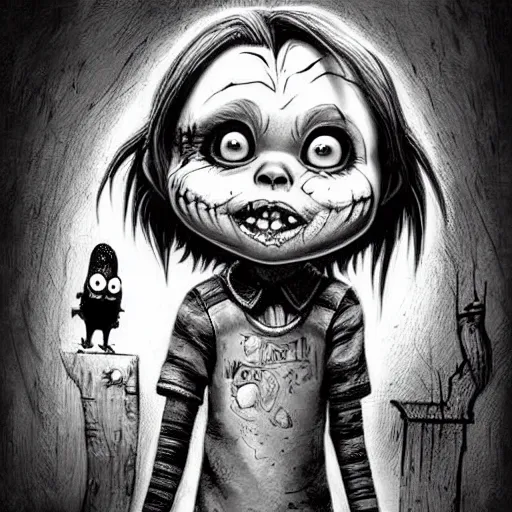 Image similar to grunge cartoon drawing of a cute chucky by - michael karcz , in the style of corpse bride, loony toons style, horror themed, detailed, elegant, intricate