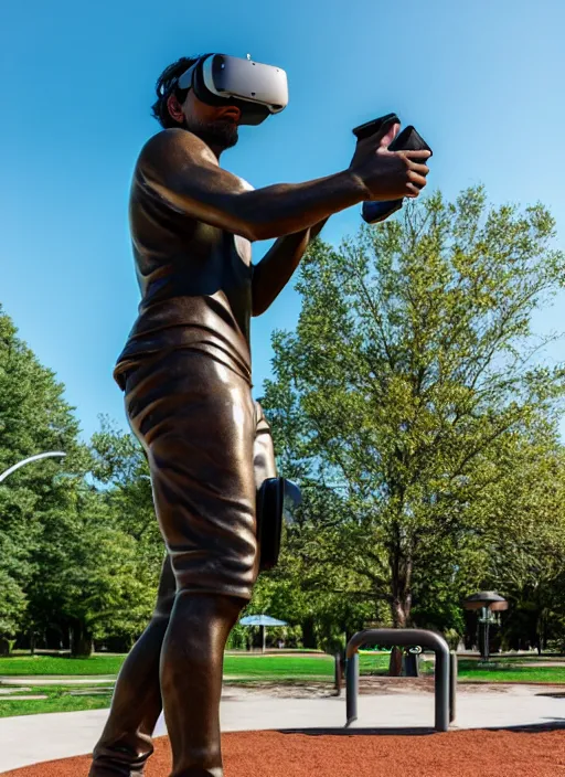 Image similar to photo still of a bronze statue of a man gaming in vr in a park on a bright sunny day, 8 k 8 5 mm f 1 6