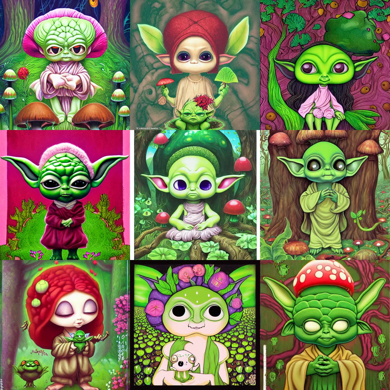 Prompt: baby yoda as mushroom dryad by Jeremiah Ketner and Hiroyuki Mitsume-Takahashi and Goro Fujita and Mark Ryden