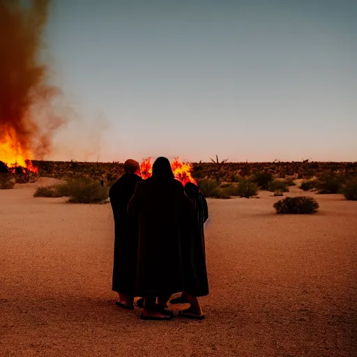 Prompt: photograph of three ravers, two men, one woman in a trenchcoat blessing the earth, seen from behind, talking around a fire, dancefloor kismet, diverse costumes, clean composition, desert transition area, bonfire, night, australian desert, xf iq 4, symmetry, sony a 7 r, 1 5 0 mp, 5 0 mm