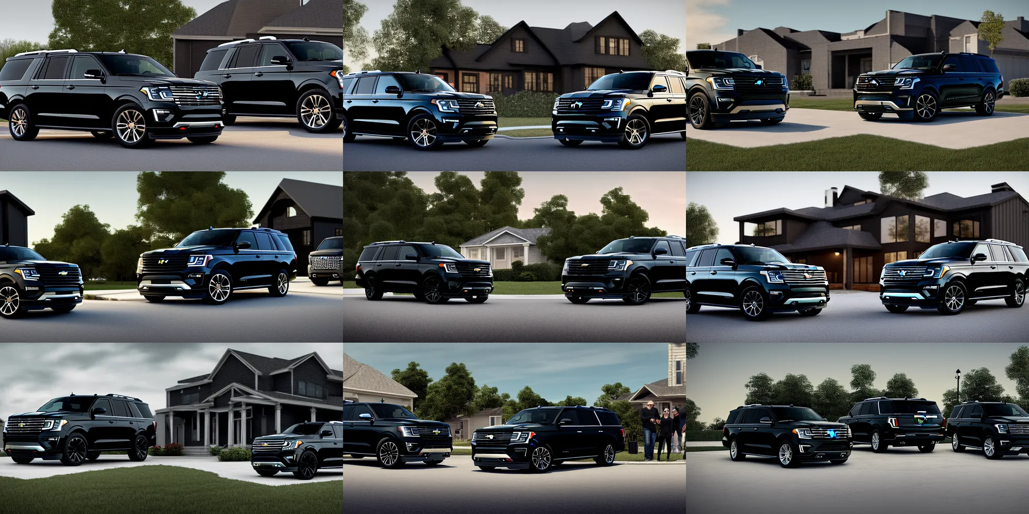 Prompt: a black suv inspired by a 2 0 2 2 chevrolet suburban and 2 0 2 2 ford expedition parked in front of a house, a digital rendering by the family circus, trending on cg society, regionalism, ue 5, rendered in unreal engine, ultrafine detail