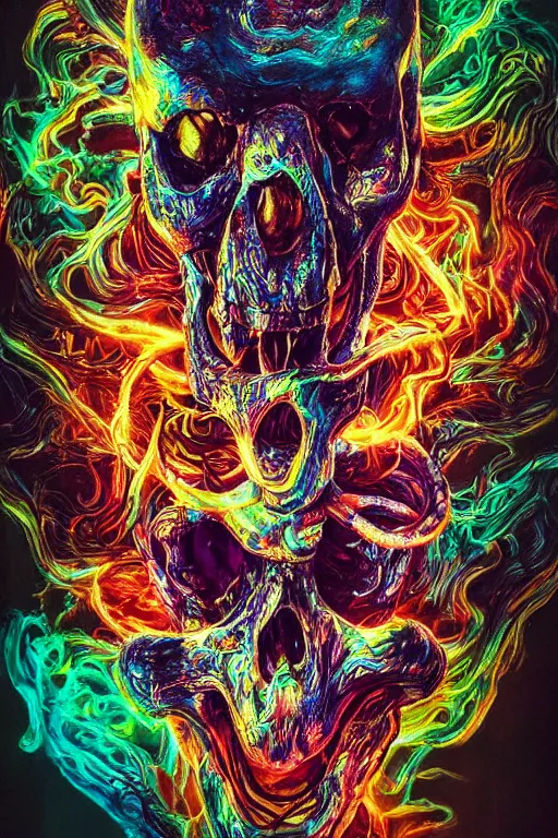 Image similar to 35 mm lens photo of scull lsd colors with snake tongue, direct sunlight, glowing, vivid, detailed painting, Houdini algorhitmic pattern, by Ross Tran, WLOP, artgerm and James Jean, masterpiece, award winning painting