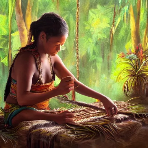 Prompt: a beautiful painting of a young indigenous female crafting a fabric in the jungle, realistic face, ayahuasca, fantasy art style, matte painting, highly detailed