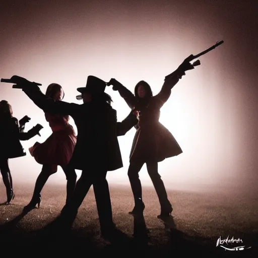 Prompt: <photograph lighting=spectacular rating=high>Vampires Dancing In the Sun Holding Guns</photograph>