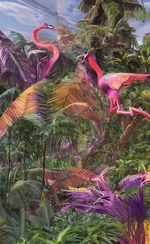 Image similar to unreal engine 5 8 k uhd render of an flamingocore tropicalwave junglepunk abstrafractalmancer, photorealistic, animal photography, photo safari, fashion shoot, lush tropical surroundings, volumetric lighting, sunlight, 1 0 5 mm lens