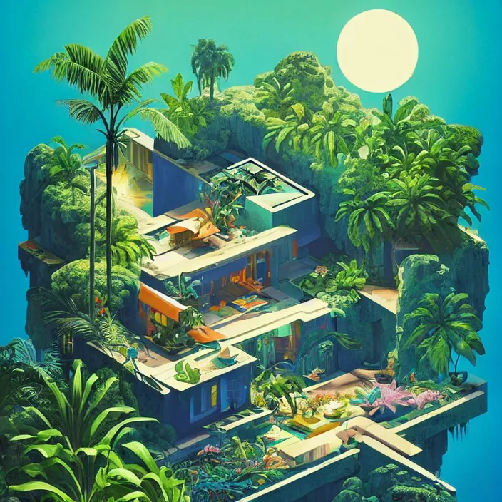 Image similar to a luminescent tropical cottage by paolo eleuteri serpieri and tomer hanuka and chesley bonestell and daniel merriam and tomokazu matsuyama, unreal engine, high resolution render, featured on artstation, octane, 8 k, highly intricate details, vivid colors, vector illustration