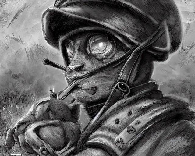 Image similar to A cat wearing soldier uniform in a world war 1 trench, close-up, black and white, amazing digital art, hyper detailed, artstation, in the style of Tony Sart