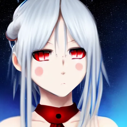 Image similar to white hair, red eyes, two little horn on the head, anime style, anime girl