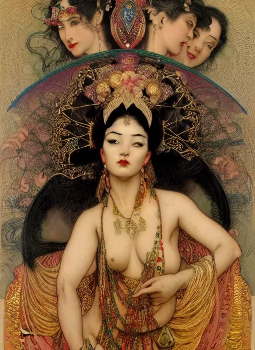 Prompt: hyper realistic painting of geisha gypsy tribal fusion bellydance, gold ornaments, flowing fabric, intrincate detail, detailed faces by wayne barlowe, gustav moreau, goward, gaston bussiere and roberto ferri, santiago caruso, and austin osman spare, ( ( ( ( occult art ) ) ) ) bouguereau, alphonse mucha, saturno butto