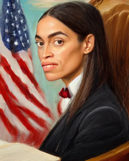 Prompt: official close - up portrait of the united states president, alexandria ocasio - cortez, resolute desk, 1 8 4 8, oil on canvas by william sidney mount, trending on artstation, national archives