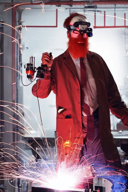Image similar to an awkwardly tall scientist with a tangled beard and unruly red hair atop his balding head wearing a headlamp a labcoat and welding goggles and holding a beaker, high resolution film still, movie by Ivan Reitman