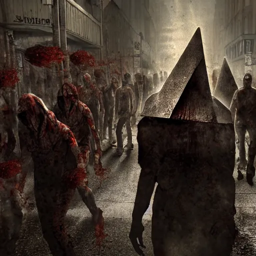 Image similar to pyramid head from silent hill in a street full of zombies, 4k. high detail, high-resolution photograph