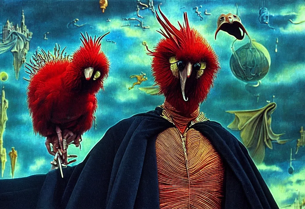 Image similar to realistic detailed portrait movie shot of a screaming birdman wearing black robes, sci fi city landscape background by denis villeneuve, amano, yves tanguy, alphonse mucha, ernst haeckel, max ernst, roger dean, masterpiece, rich moody colours, blue eyes