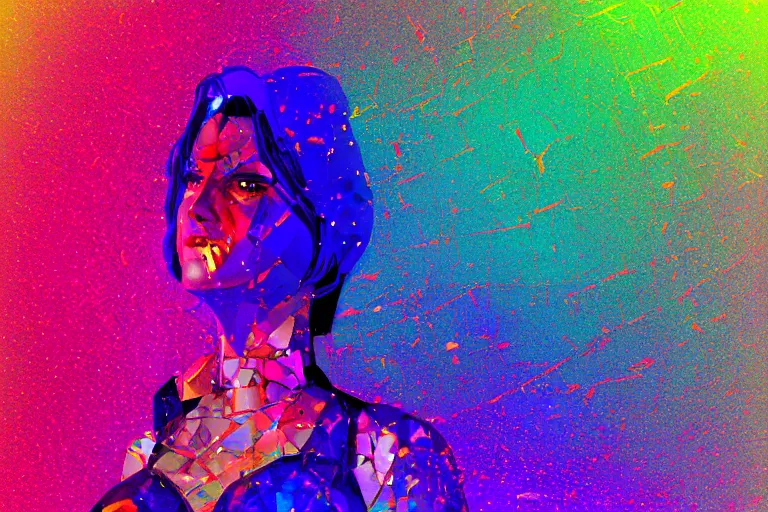 Prompt: photo of shattered glass in the shape of a woman, glows, colorful, rainbow colors, beautiful, artstation