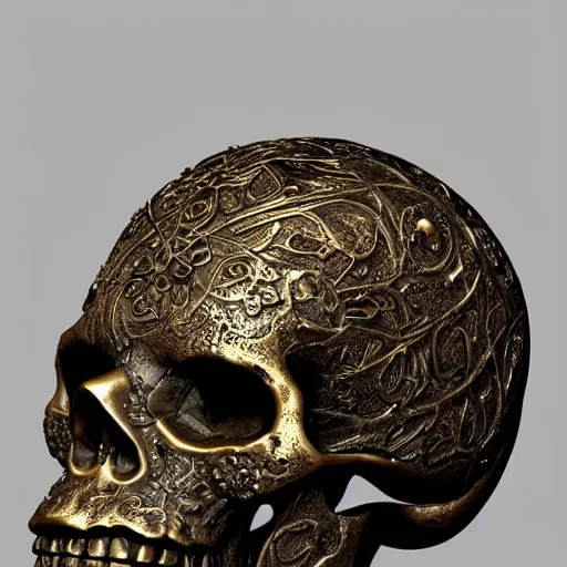 Image similar to human skull ornated, filigree, patina, bronze, ornaments, 3 d design for tattoo, hyper maximalist, elegant, ornate, luxury, elite, symmetrical, unreal engine, 3 d design