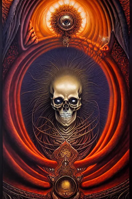 Image similar to A beautiful detailed orixa, tarot card, by tomasz alen kopera and Justin Gerard, symmetrical features, ominous, magical realism, texture, intricate, ornate, royally decorated, skull, skeleton, whirling smoke, embers, red adornements, red torn fabric, radiant colors, fantasy, trending on artstation, volumetric lighting, micro details, 3d sculpture, ray tracing, 8k, anaglyph effect