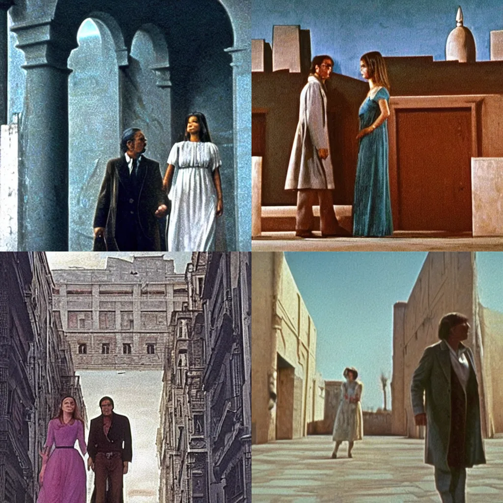 Image similar to a scene from the movie la felicita ( 1 9 7 1 ) by luchino visconti with mastroianni and claudia cardinale walking in a scifi cyberpunk!!!! futurist city reminiscent of the ( ( ( ideal city by piero della francesca. technicolor ) ) ), cinematic, 5 0 mm, highly detailed