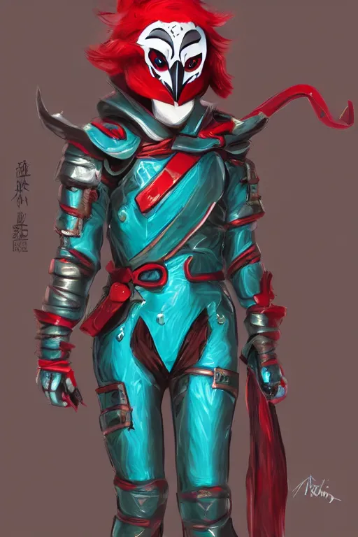 Image similar to female adventurer in tight full - body teal leather armor of japanese design with red accents and a white porcelain crow mask, trending in artstation, japanese, artstation, big moon in the background, establishing shot