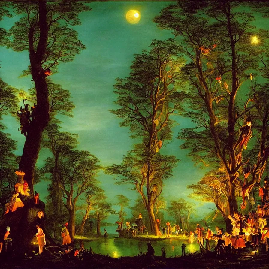 Image similar to a night carnival around a magical tree cavity, with a surreal orange moonlight and fireworks in the background, next to a lake with iridiscent water, christmas lights, folklore animals and people disguised as fantastic creatures in a magical forest by summer night, masterpiece painted by joseph wright, dark night environment