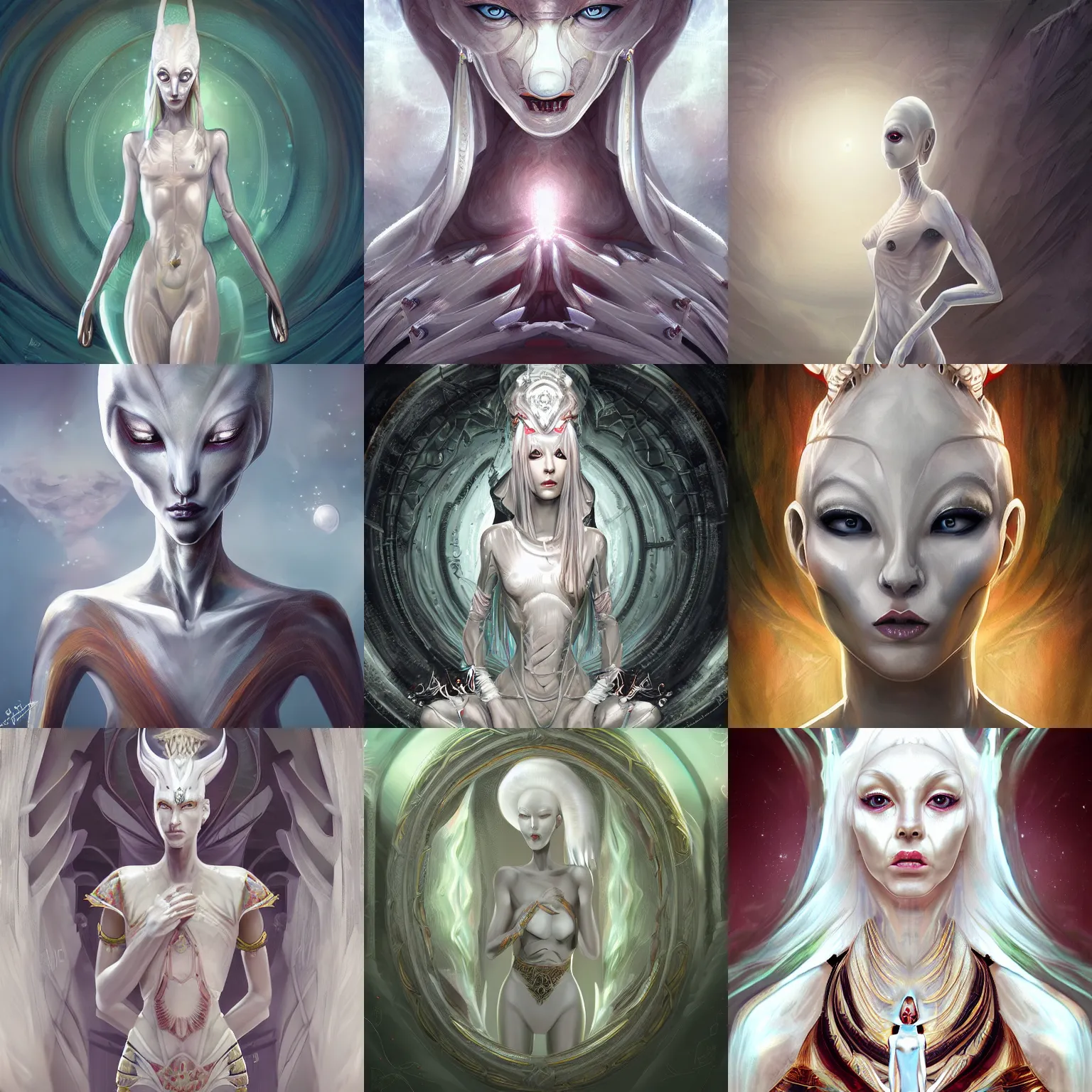 Prompt: portrait of a white mantis alien goddess in her palace, digital art trending on Artstation