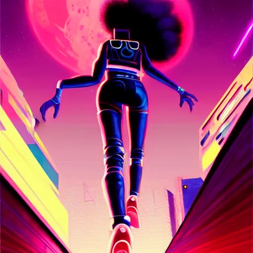 Image similar to a black girl flying through the synthwave city with a rocketpack in a cyberpunk style by greg rutkowski and android jones, oil on canvas