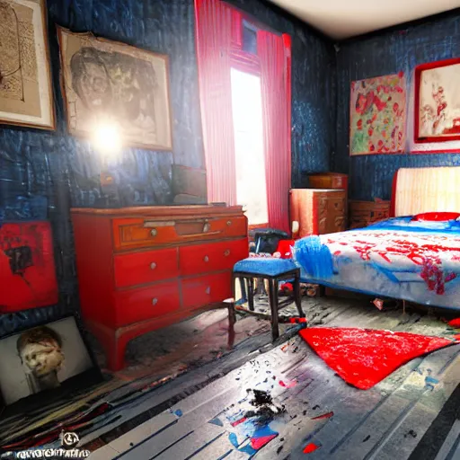 Prompt: male artist's messy, cluttered, dirty bedroom with black wallpaper with blue floral pattern and a big bold red christian cross on the wall. items covering floor. realistic, highly detailed, sharp focus, volumetric lighting, full shot, 3 5 mm, unreal engine,