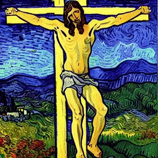 Image similar to Ja-rule appears as Jesus, crucified on cross, painting by Van Gogh
