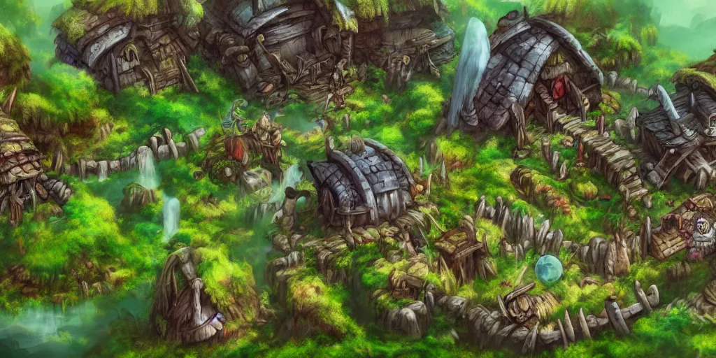 Image similar to Orc village in the middle of the forest. In style of Ragnarok Online, Korean MMORPG, epic, professional art, digital art, 8K, concept art.