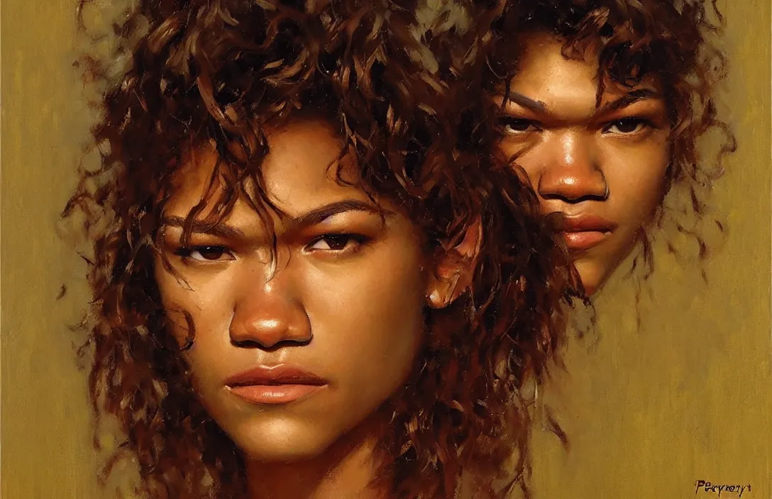 Image similar to portrait of zendaya!!!!!!!!!!!!!!!!!!!!!!!!!!!, detailed face, detailed painting,, epic lighting, by ilya repin, phil hale and kent williams