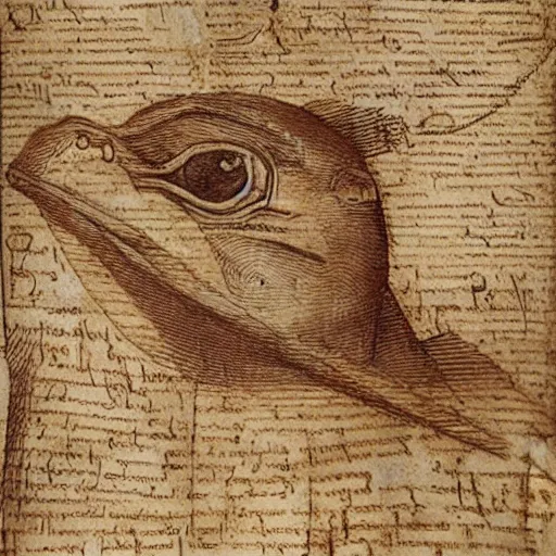 Image similar to ancient information about pepe drawn by leonardo davinci in papyrus paper, sketch, detailed, hyper realistic