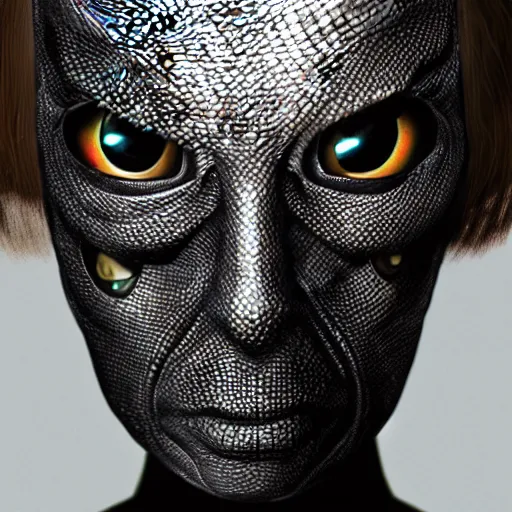 Image similar to A portrait of (reptilian), snake eyes, slit pupils, (metallic scales), Liz Truss, human-reptile hybrid, hyperrealistic, trending on artstation