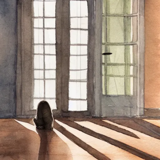 Image similar to person in pyjamas standing near window, sun rays, daylight, big french door window, big spatious room, 2 4 mm, wooden floor, modern, pastel palette, winter sun, photorealistic, high ceiling, watercolor painting