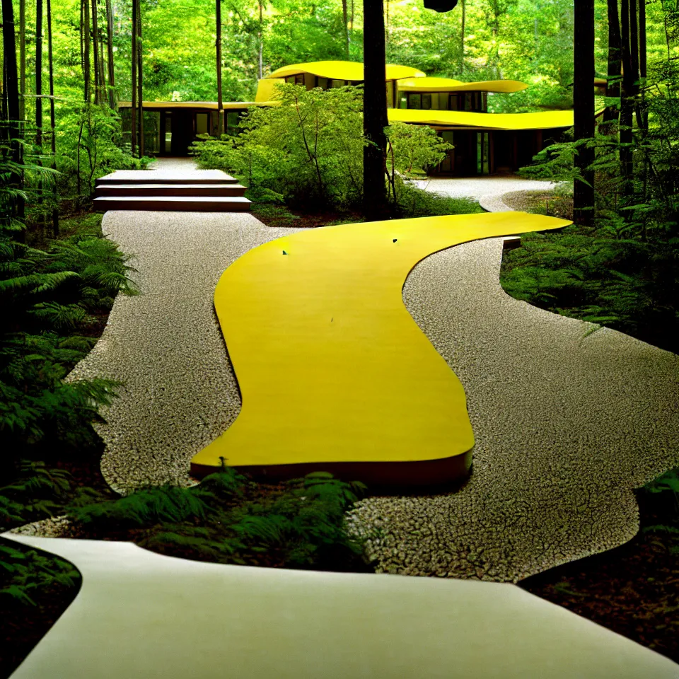 Image similar to a gravel pathway leading to a mid-century modern house in a forest, designed by Frank Gehry. Big tiles. Film grain, cinematic, yellow hue