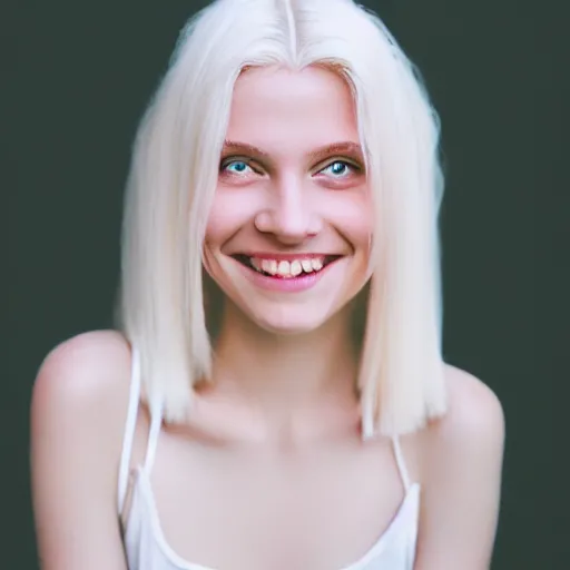 Prompt: beautiful portrait of a cute thin young woman smiling smugly, long light platinum blonde hair, flushed face, heart - shaped face, blue eyes, golden hour, 8 k, portra 4 0 0