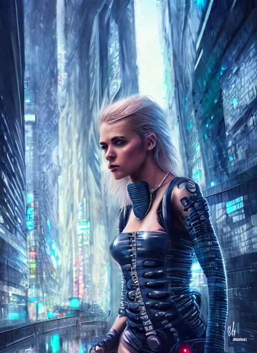 Image similar to photo of a gorgeous nordic female in a cyberpunk city, realistic, sharp focus, 8 k high definition, insanely detailed, intricate, elegant, artgerm, greg kutkowski, high contrast dramatic lighting