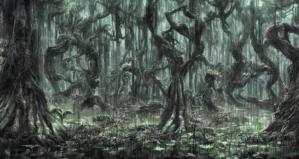 Image similar to A dense and dark enchanted forest with a swamp, by Yoshitaka Amano,